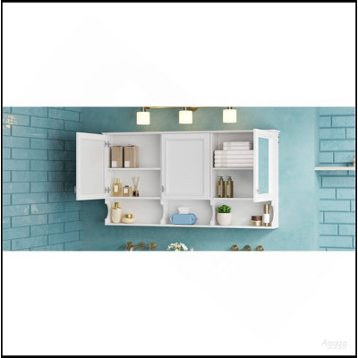 Armoire à pharmacie de 55 pouces avec tablettes ouvertes, rangement mural avec portes et miroir, tablette réglable, armoire de rangement pour salle de bain au-dessus de la toilette