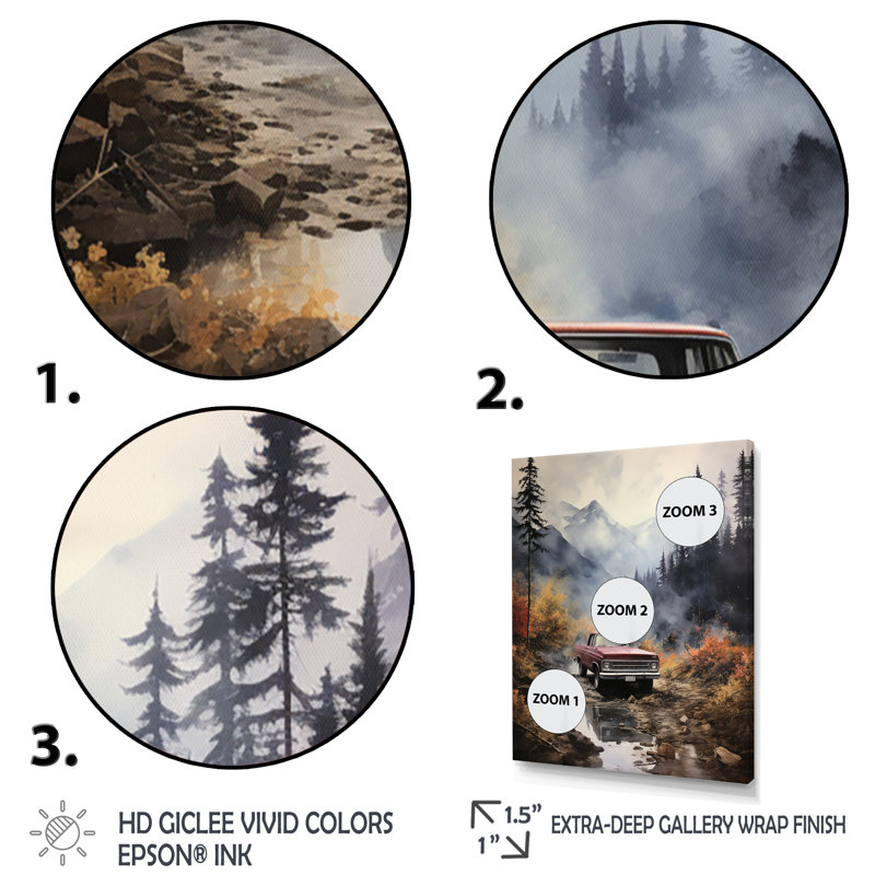 Yve Brown Pickup Truck Misty Mountains sur impression sur toile, H 32 po x l 24 po x P 1 po, Cadre flottant doré