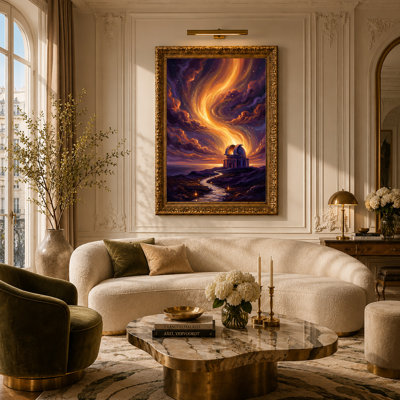 Observatory Under Swirling Golden And Purple Starry Sky Canvas Wall Art