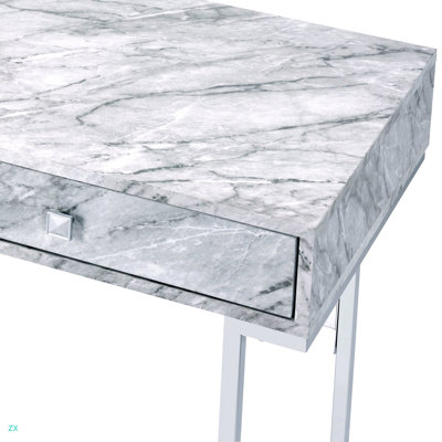 Tigress Printed Faux Marble Top & Chrome Finish Writing Desk Modern Rectangular Writing Desk - Sleek White Engineered Stone Top, Chrome Finish & 2 Storage Drawers