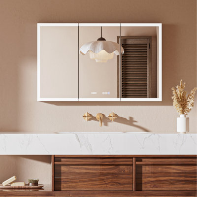 60" W X 36" H Anti-Fog Led Dimmable Bathroom Medicine Cabinet With Mirror, 3 Doors, Double-Sided Magnifying Mirror, Memory Function, Adjustable Shelves, Wall Mounted