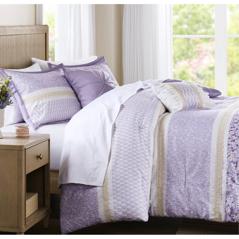 Édredon très grand / très grand seersucker avec 2 taies décoratives et coussins décoratifs - Microfibre, style chic décontracté avec des volants en dentelle à motif floral, rembourrage, nettoyage des taches, emballage comprimé, pelucheux, vapeur