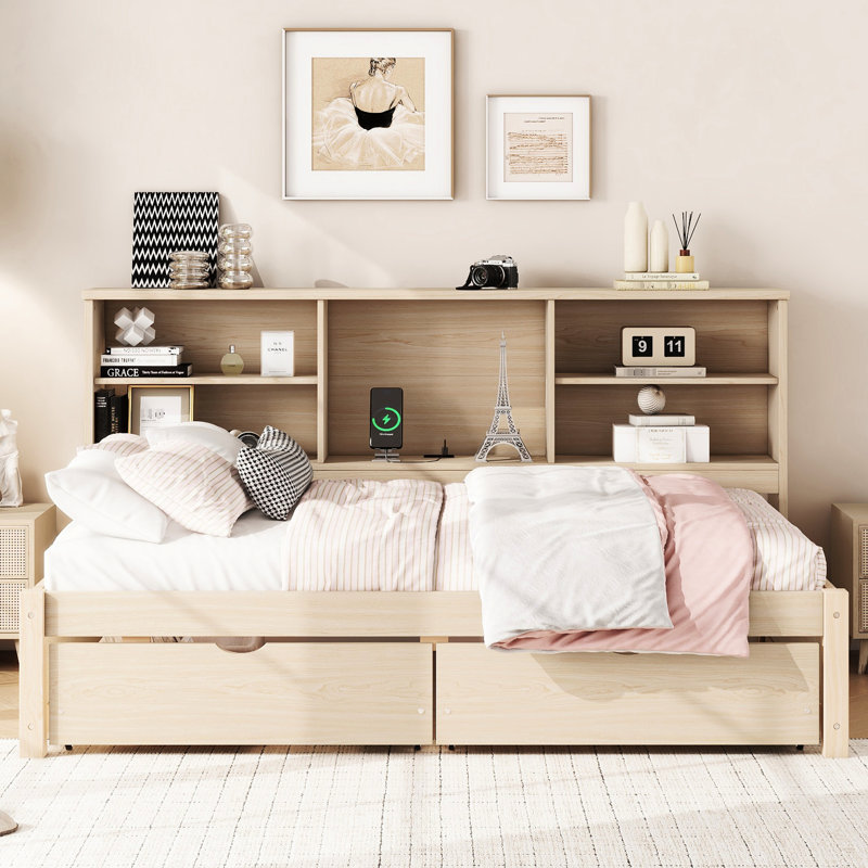 Natural Color Twin Bed With Side Bookshelves, Storage Drawers, Port Daybed Shelves, Port, Space, Natural