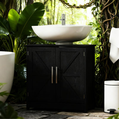 Rangement pour petit lavabo sur piédestal de salle de bain, 2 portes de grange, formation de tablette réglable, passage en forme de U de 7,9 po, système de basculement, conception de base antidérapante, finition à deux pattes de finition noire patin?
