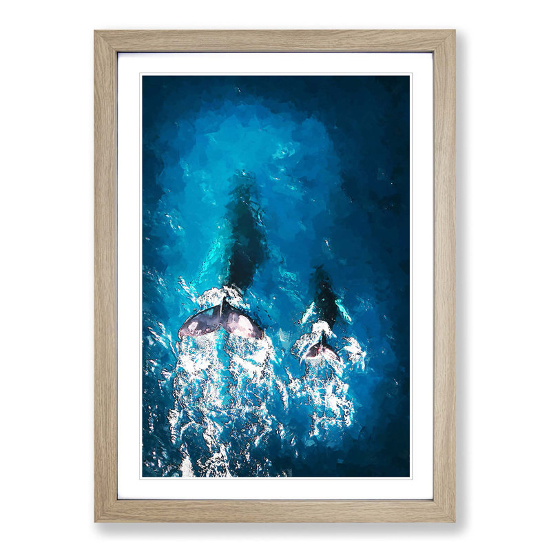 Mother and Calf Humpback Whale in Abstract - Picture Frame Graphic Art Print, Oak Framed, 87cm H x 62cm W x 2cm D