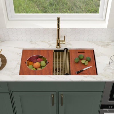 36" x 19" Undermount Workstation Kitchen Sink 16 Gauge 304 Stainless Steel Gold Single Bowl Sink with Cutting Board