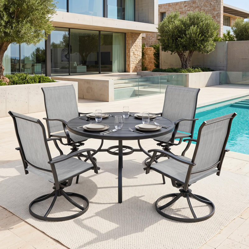 Ensemble de salle à manger de patio 5 pièces avec trou pour parasol et chaises pivotantes en textilène