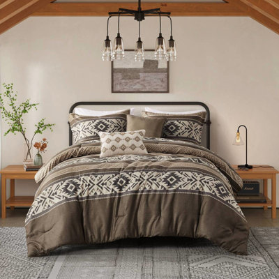 Édredon avec 2 coussins décoratifs, brun, très grand / très grand, 5 pièces à chevrons rayés, chevrons,