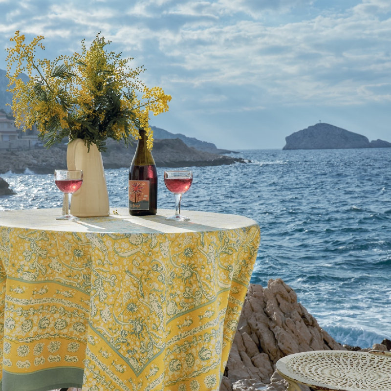 La Mer Handmade Floral Tablecloth, 90" Square, Yellow/Teal
