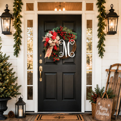 Merry Christmas Wreath with Red Berries and Pine Branches, Rustic Farmhouse Holiday Front Door Decoration with Bow and Letter Sign