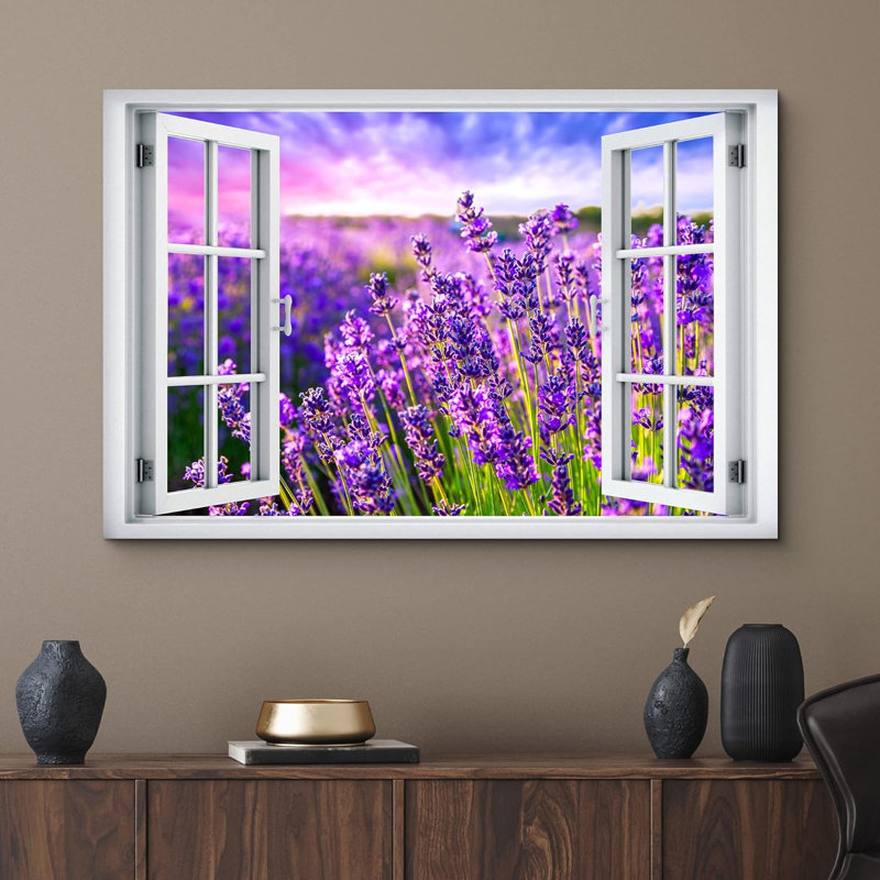 Fenêtre de paysage «Window View Neon Purple Sunset Sky Lavender Flowers Nature Scenic Landscape» sur toile, H 24 po x l 36 po