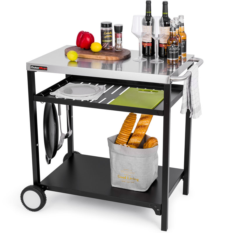Stainless Steel and Black Triple-Shelf Outdoor Grill Cart