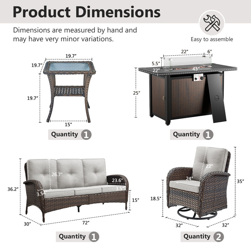 Aluel 5-Pieces Outdoor Wicker Patio Conversation Furniture Set with Rocking & Swivel Chairs and Rectangular Fire Pit Table with Windshield