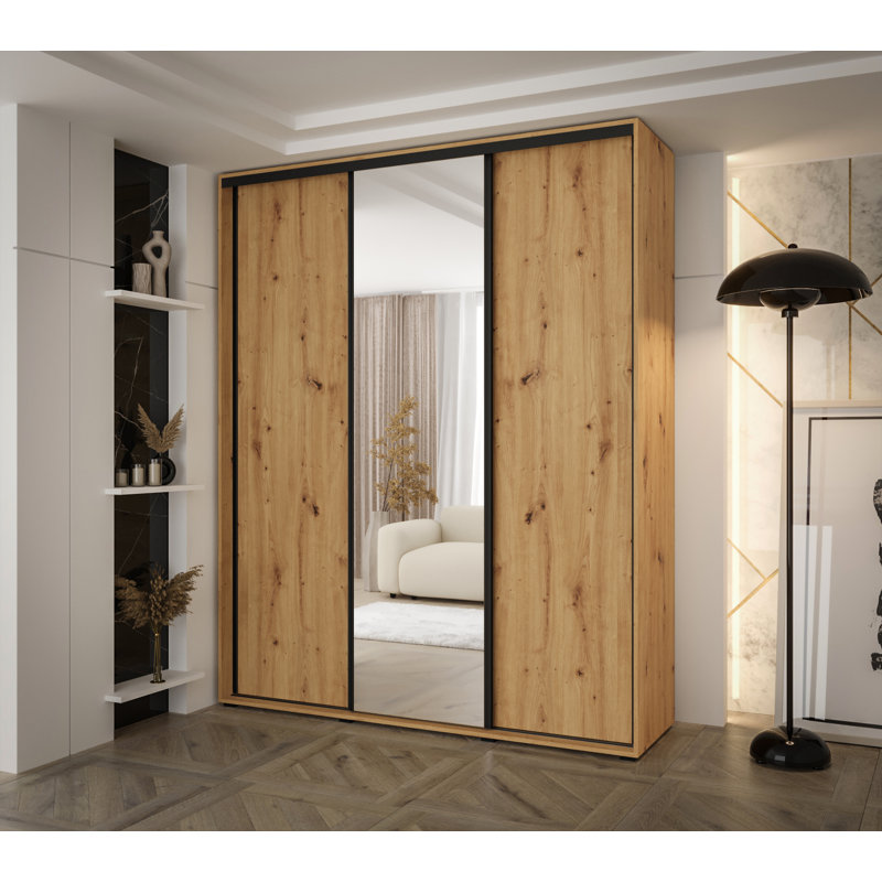 3 Door Manufactured Wood Wardrobe, Natural, 235.2cm H x 200cm W x 60cm D