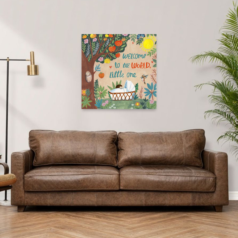 Bienvenue dans le monde ! Affiche murale abstraite et contemporaine représentant un pommier, un papillon, un oiseau et une forêt, avec une nature préservée.