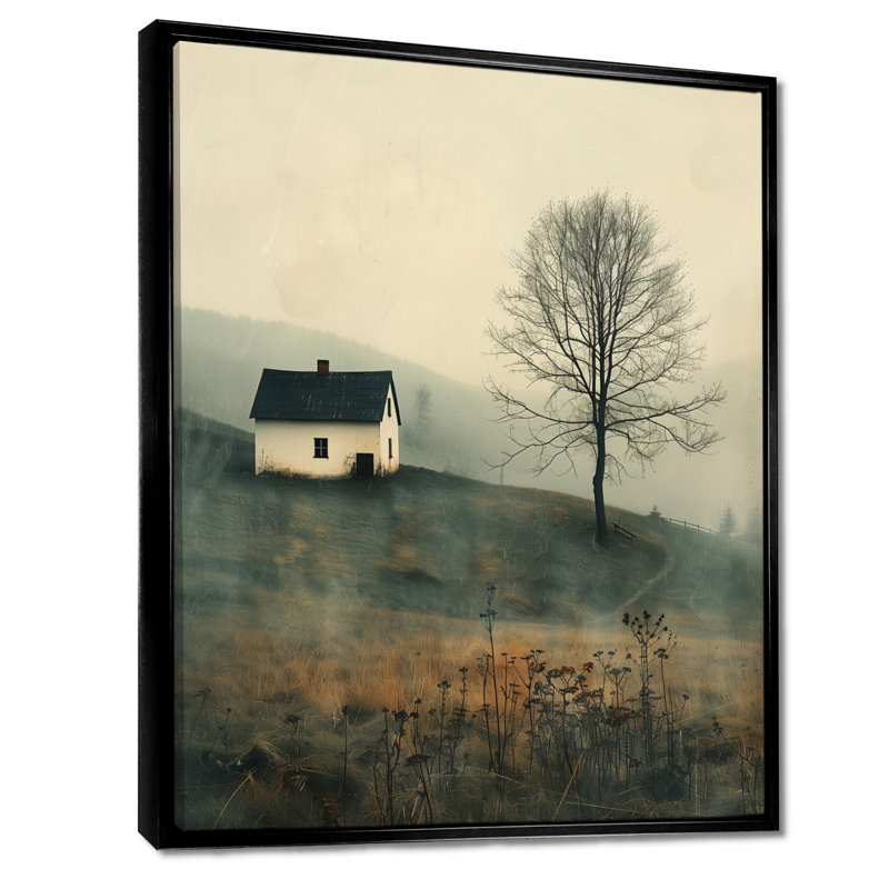 «White Grey Winter Country Charm Farmhouse - Farm», reproduction d'art murale, Cadre flottant noir, H 24 po x l 32 po