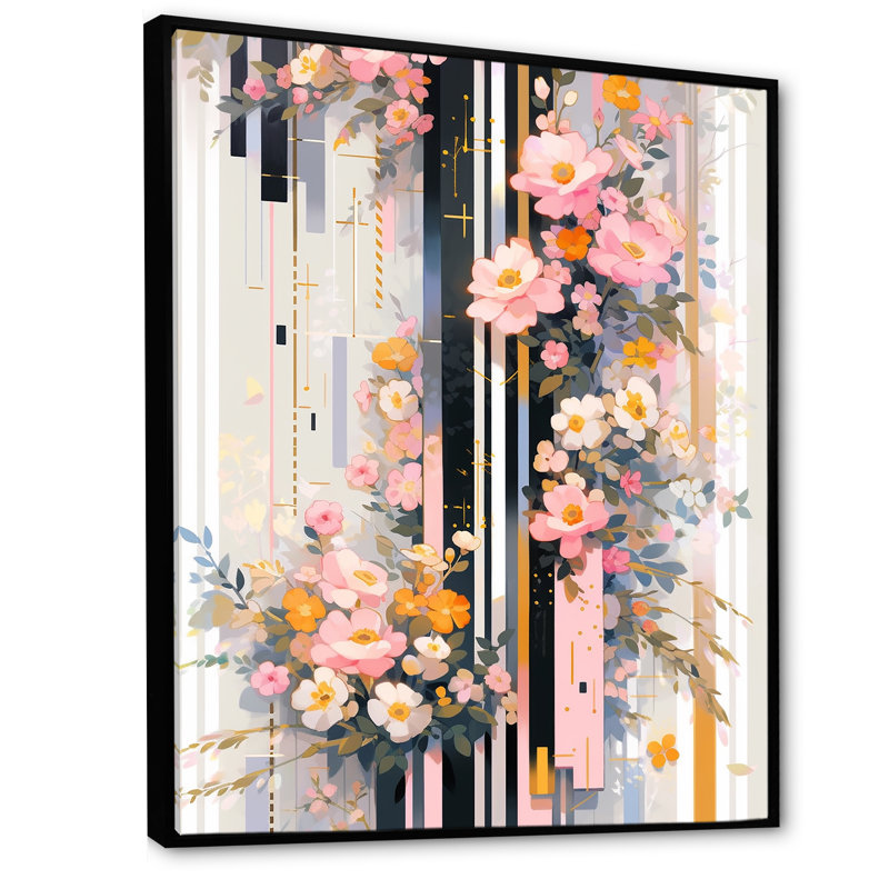 Fleurs de cerisier rose moderne - Bold Stripes III - Assortiment de bouquets d'art mural, H 32 po x l 24 po x P 1 po