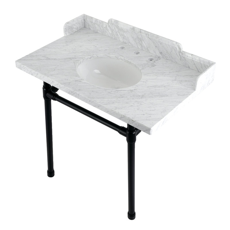 Kingston Brass Dreyden 36-Inch Carrara Marble Console Sink with Stainless Steel Legs (8-Inch, 3-Hole)