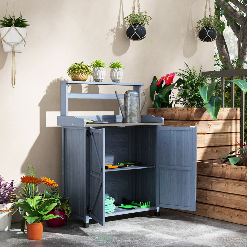 Banc de rempotage avec rangement, plan de travail galvanisé, cadre en bois, pour cour, jardin, surface de bureau extérieure grise