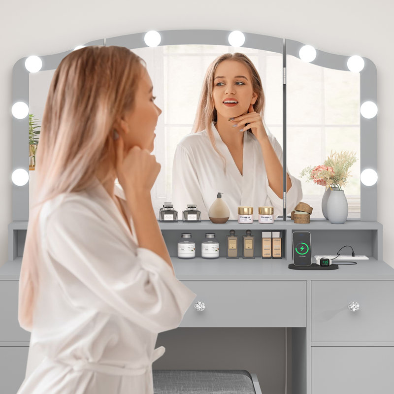Coiffeuse de maquillage avec miroir et lumières, Gris