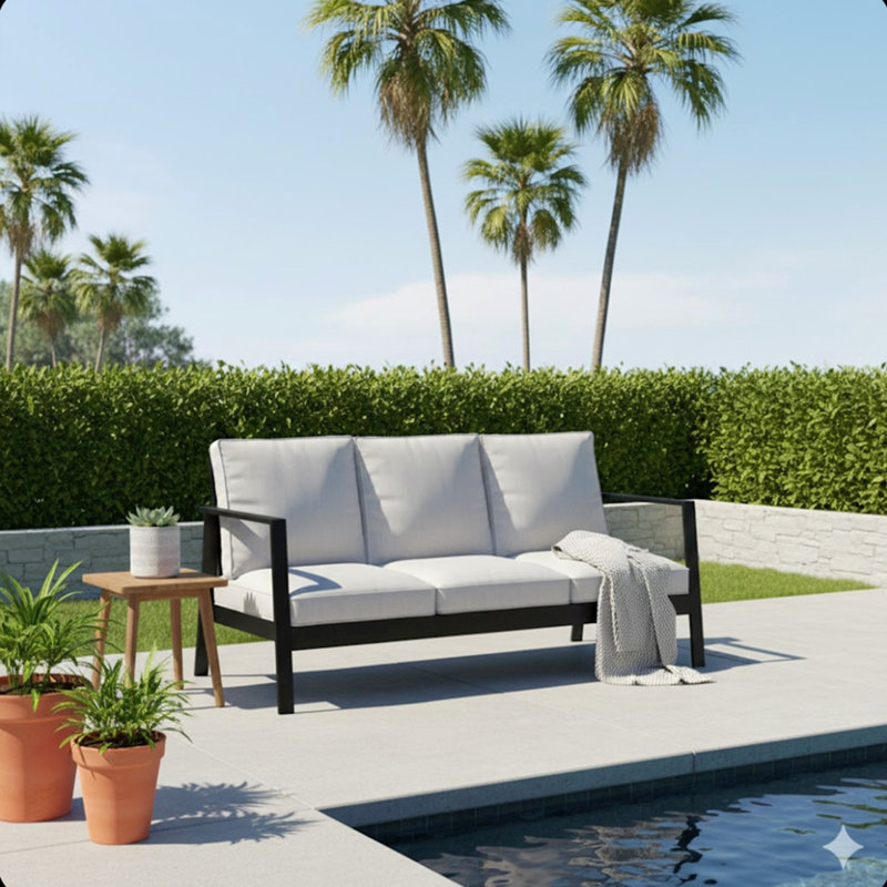 75" All-Weather Aluminum 3-Seat Patio Sofa With Thick Light Gray Cushions & Black Frame