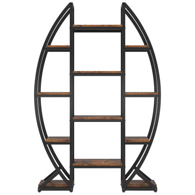 Triple Wide Oval Industrial Rustic Etagere Bookcase, Perfect For Office And Living Room Decor