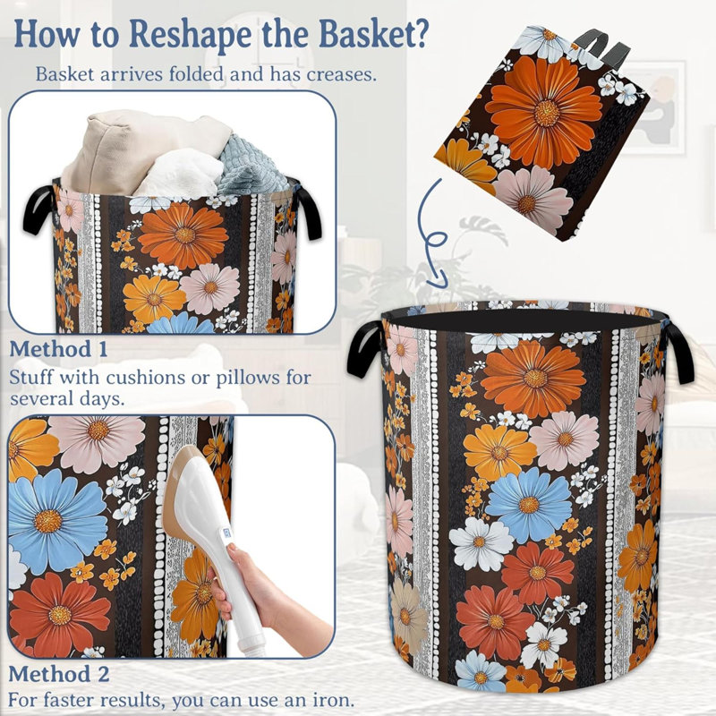 Boho Flowers Laundry Basketoxford Cloth Vintage Laundry Hamper With Handle Foldable Portable Clothes Storage Basket For Laundry Room Bedroom Bathroom