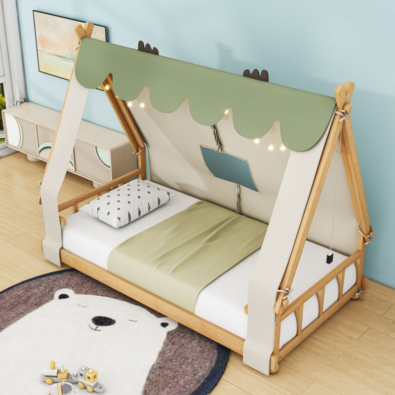 Wooden Frame Platform Bed With Tent And House Design, Twin, White