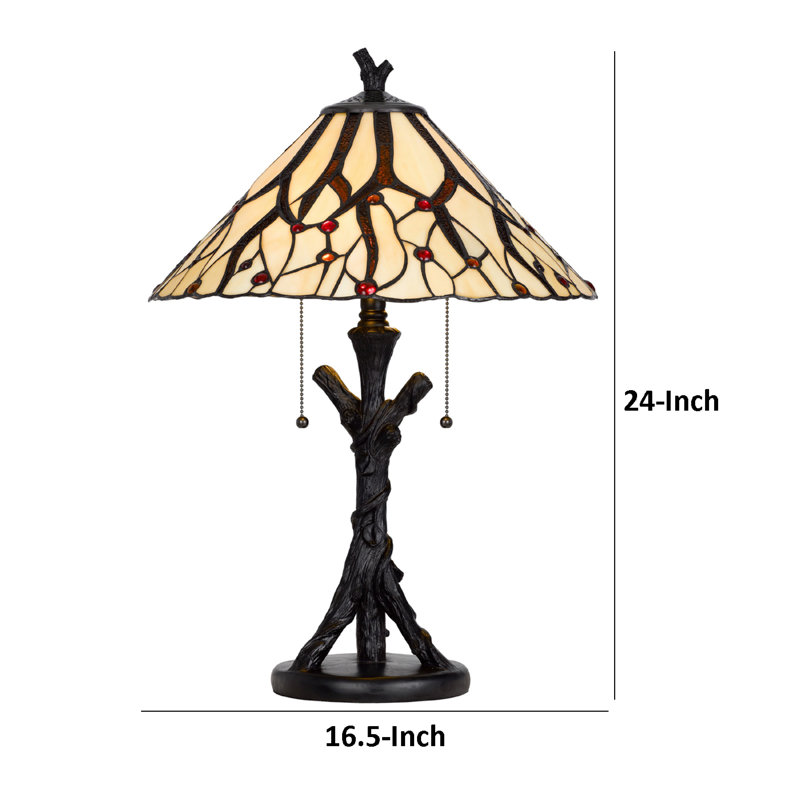 Lampe de table Eli Tiffany, feuille peinte à la main et abat-jour en bronze