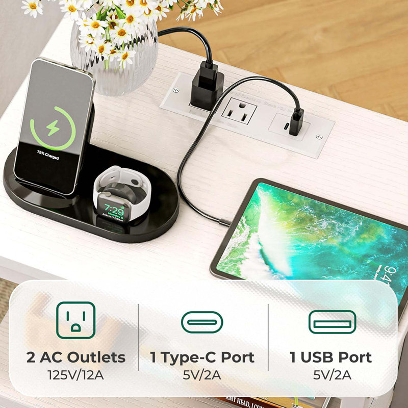 Nightstand With Charging Station, Side Table With Fabric Drawers, End Table With Open Shelf, Bedside Table With USB Ports And Outlets, Night Stand For Bedroom, White