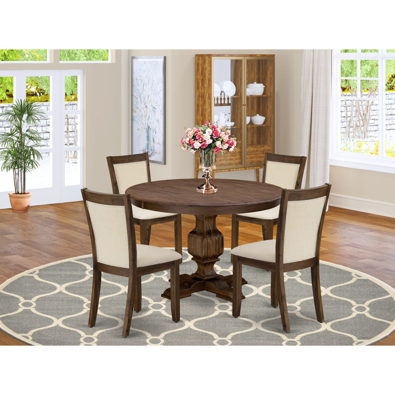 L'ensemble de table de salle à manger 5 pièces pour 4 personnes comprend une table ronde en bois avec piédestal et 4 chaises Parson en tissu de lin beige clair, noyer antique sablé