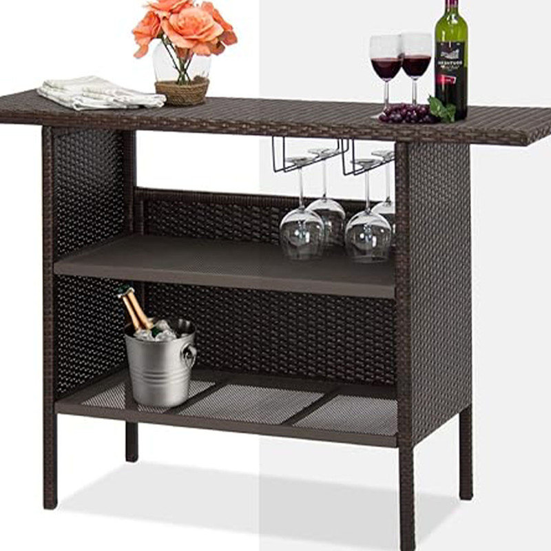 Table de bar d'extérieur en osier avec 2 tablettes en acier et structure en acier robuste, table légère - brun