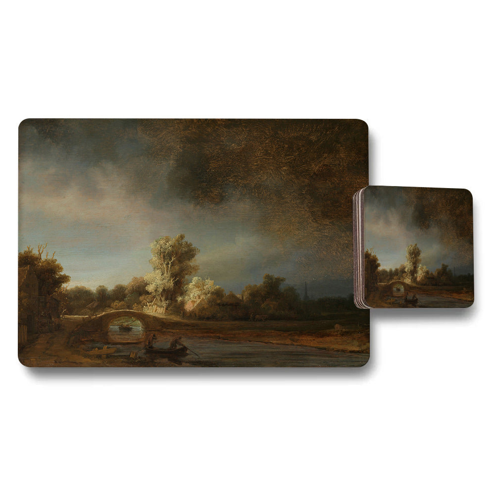 Landscape River Scene Placemats And Coasters Set With Vintage Artwork