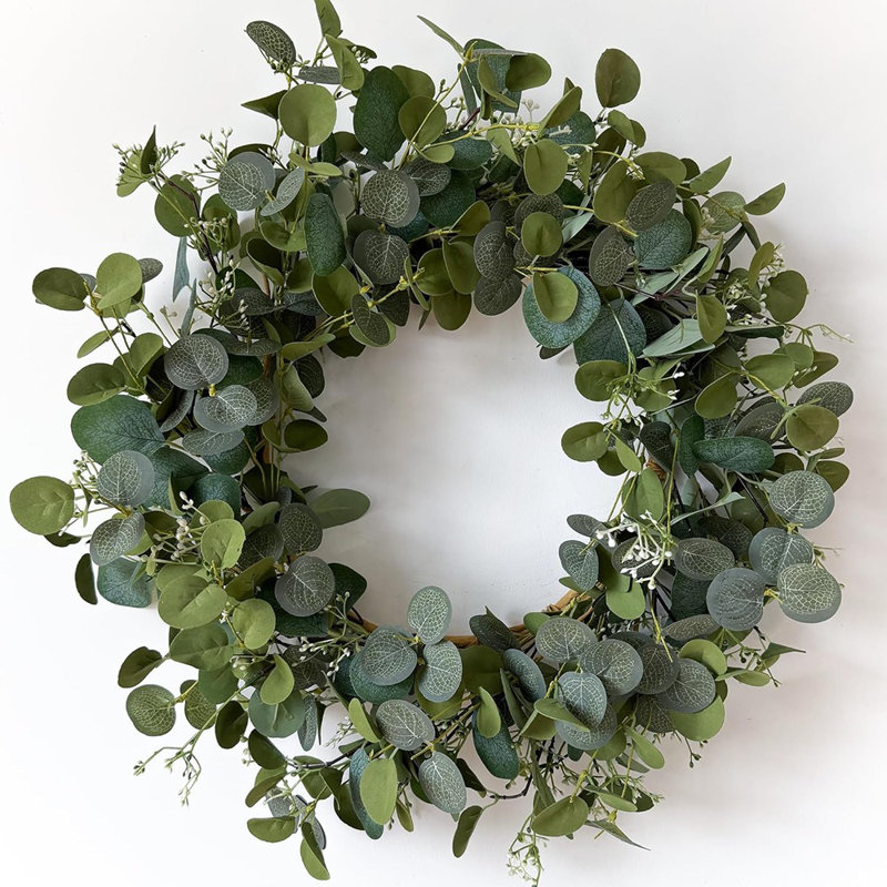 Couronne d'eucalyptus - Vert - Couronne artificielle faite à la main de 22 pouces pour la porte d'entrée, le mur ou la décoration extérieure, décoration de printemps et d'été toutes saisons