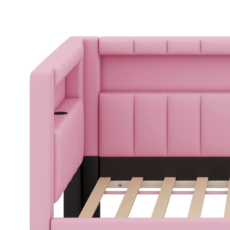 Upholstered Platform Bed With USB Ports, LED Belt, Twin, Pink
