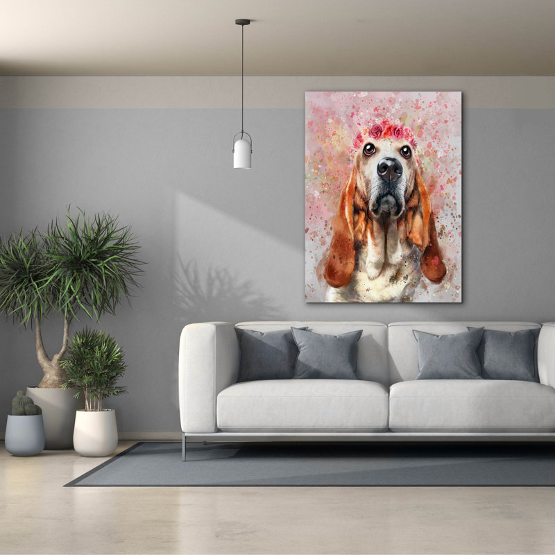 «Flower Crown Basset Hound» par Furbaby Affiliates, art mural sur toile, H 54 po x l 40 po x P 1,5 po