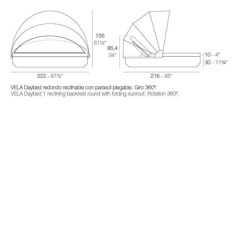 Vela - Daybed with Reclining Backrest and Folding Canopy - 87.5"x85" - Basic, Black/Steel