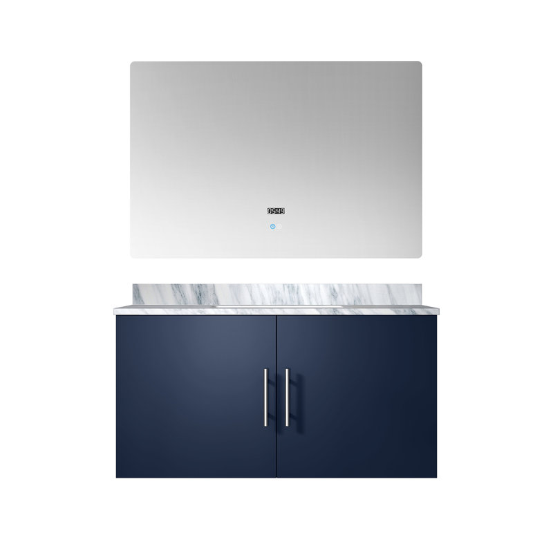 Meuble-lavabo bleu marine avec comptoir en marbre et miroir de 91 cm (36 po) - Construction robuste, grand espace de rangement, système de fermeture amortie, grande durabilité, tablette