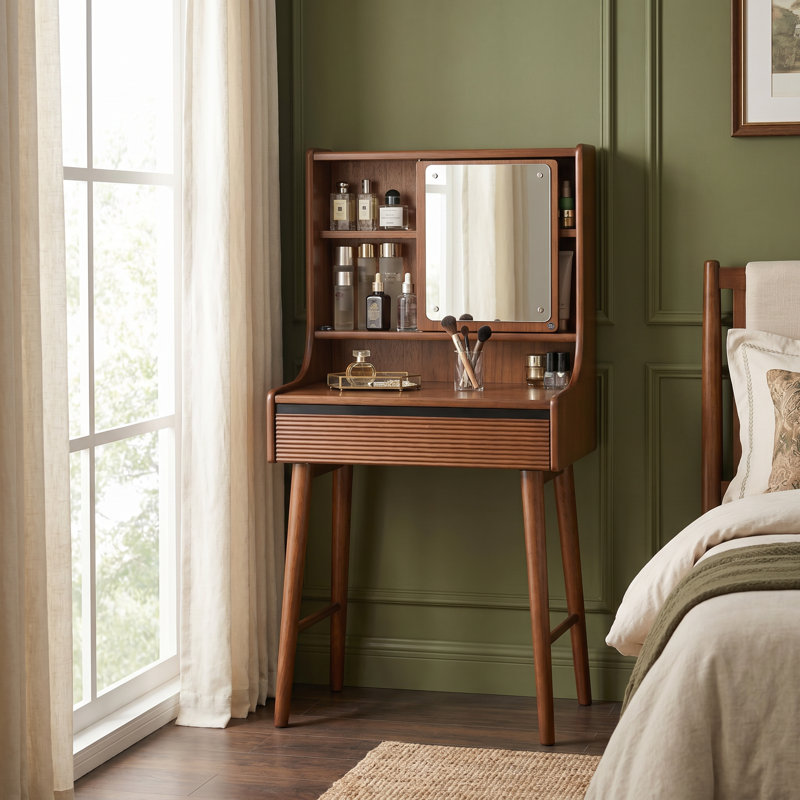 25.6"W Small Solid Wood Makeup Vanity Desk With Reversable Mirror and Storage drawers , 25.6"W, No