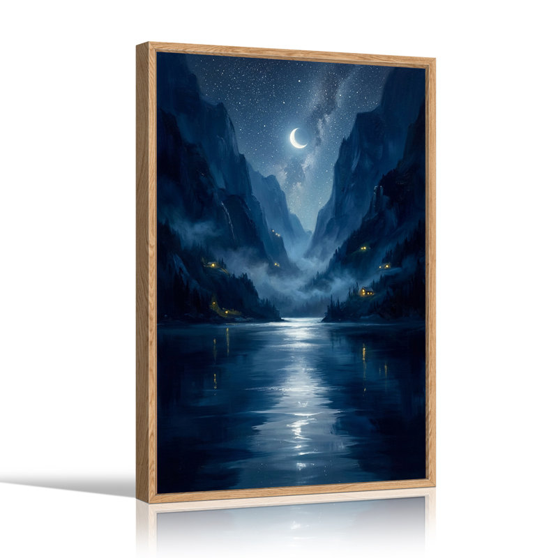 Tableau sur toile représentant le lac de Blue Mountain Valley avec des cabanes illuminées et un croissant de lune