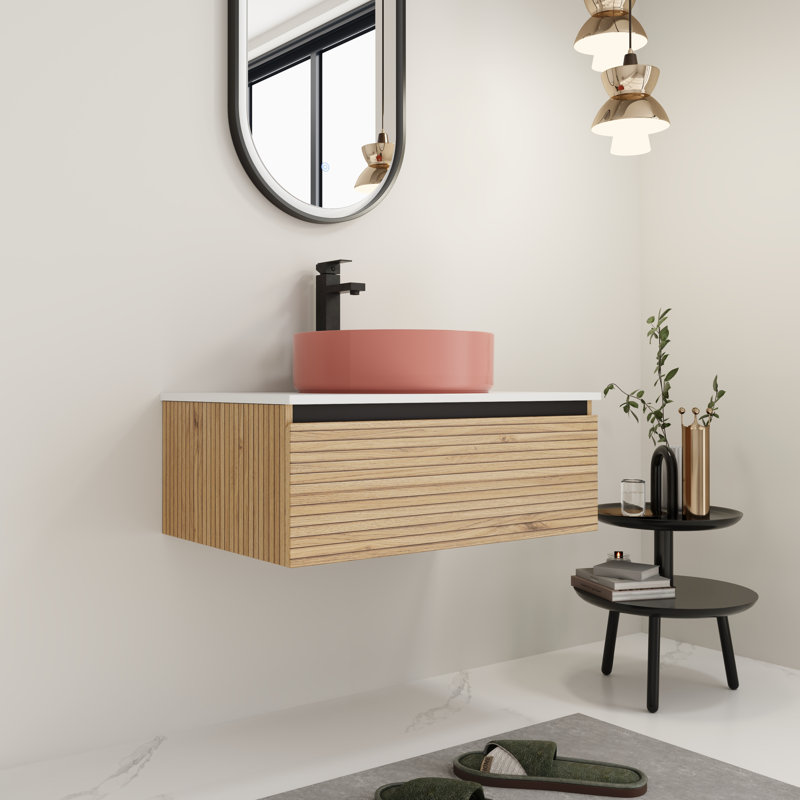 30" Ceramic Sink Bathroom Vanity - Wall Mounted, Soft-Close Drawer, 30", Pink