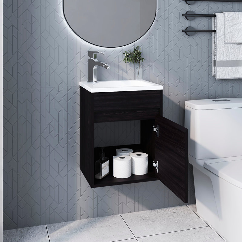 Meuble-lavabo flottant mural contemporain au fini avec porte simple et lavabo encastré, profil rectangulaire peu encombrant, panneau de particules fini avec porte d'évier, pour plus d'efficacité,