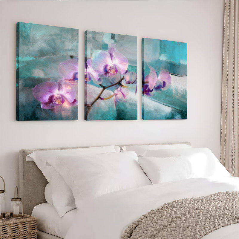 Ensemble de 3 tableaux abstraits floraux à motif d'orchidées violettes sur toile tendue, H 36 po x l 72 po
