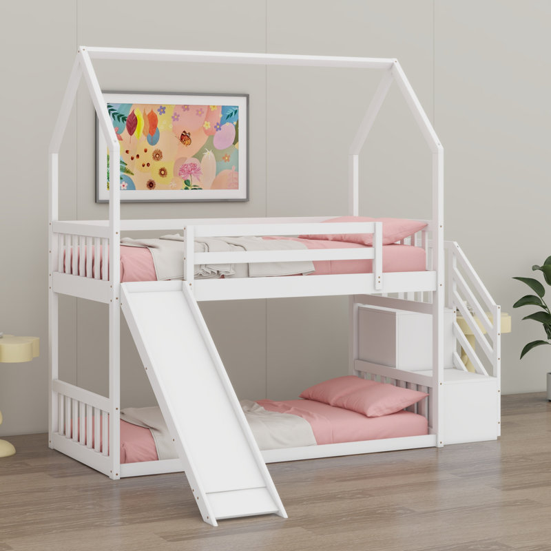 Lit superposé avec glissière convertible House, escalier de rangement pouvant être placé à gauche ou à droite, Blanc