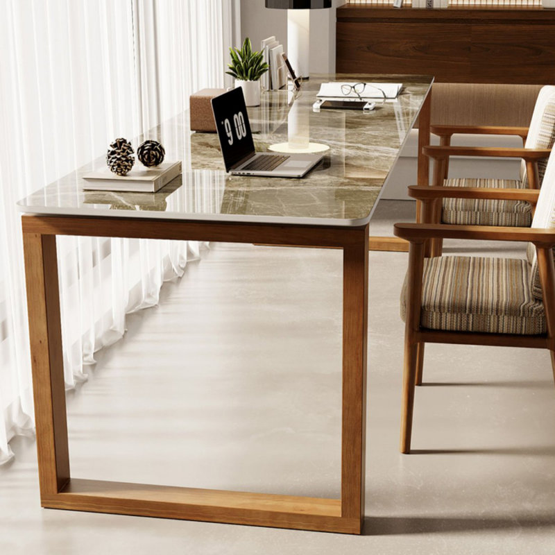 Brown Rectangular Sintered Stone + Solid Wood desk, 29.53" H x 78.74" W x 23.62" D