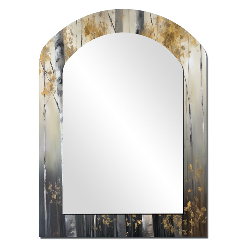 Birch Tree Dense Forest II - Tree Asymmetrical Mirror, Grey Arch Unique Wall Mirror, Printed Metal Art, 34" x 25"