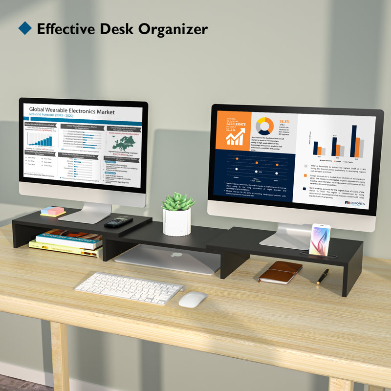 Adjustable Dual Monitor Stand Riser, Wooden Desktop Organizer with Flexible Length and Angle, Smartphone Holder, Cable Management and Extra Storage for Laptop, Printer and Monitor