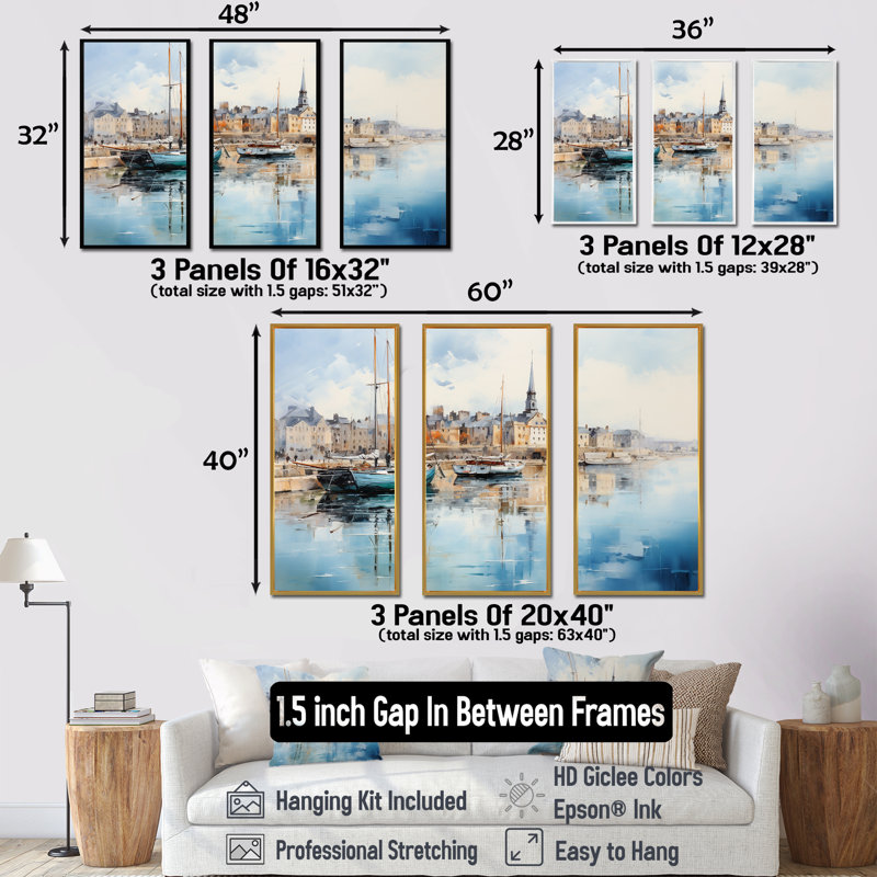 «Normandie French Port Landscape - France», ensemble d'art sur toile, Cadre flottant doré, H 32 po x l 48 po x P 1 po