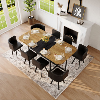 Ensemble de table de salle à manger 9 pièces 9 pièces, plateau de table fixe en fibre de bois bicolore et triamine de grain de bois avec 8 chaises en similicuir, ensemble de table de cuisine moderne pour 8 personnes, idéal pour les réunions de famille