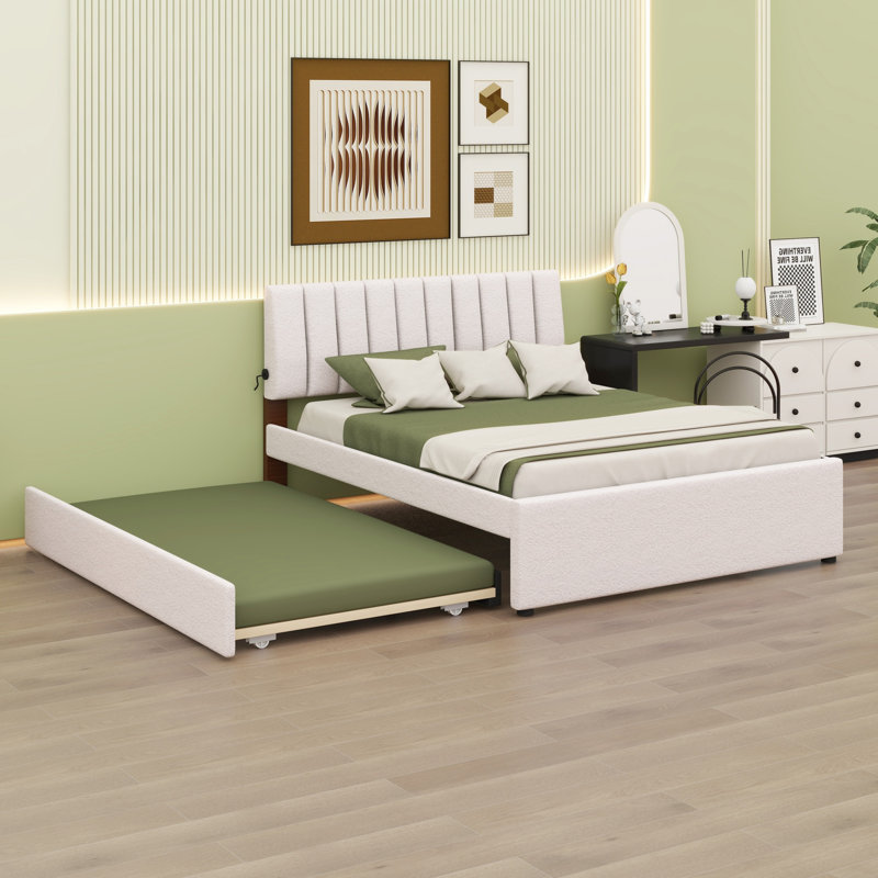 Lit plateforme tapissier avec lit gigogne, Beige